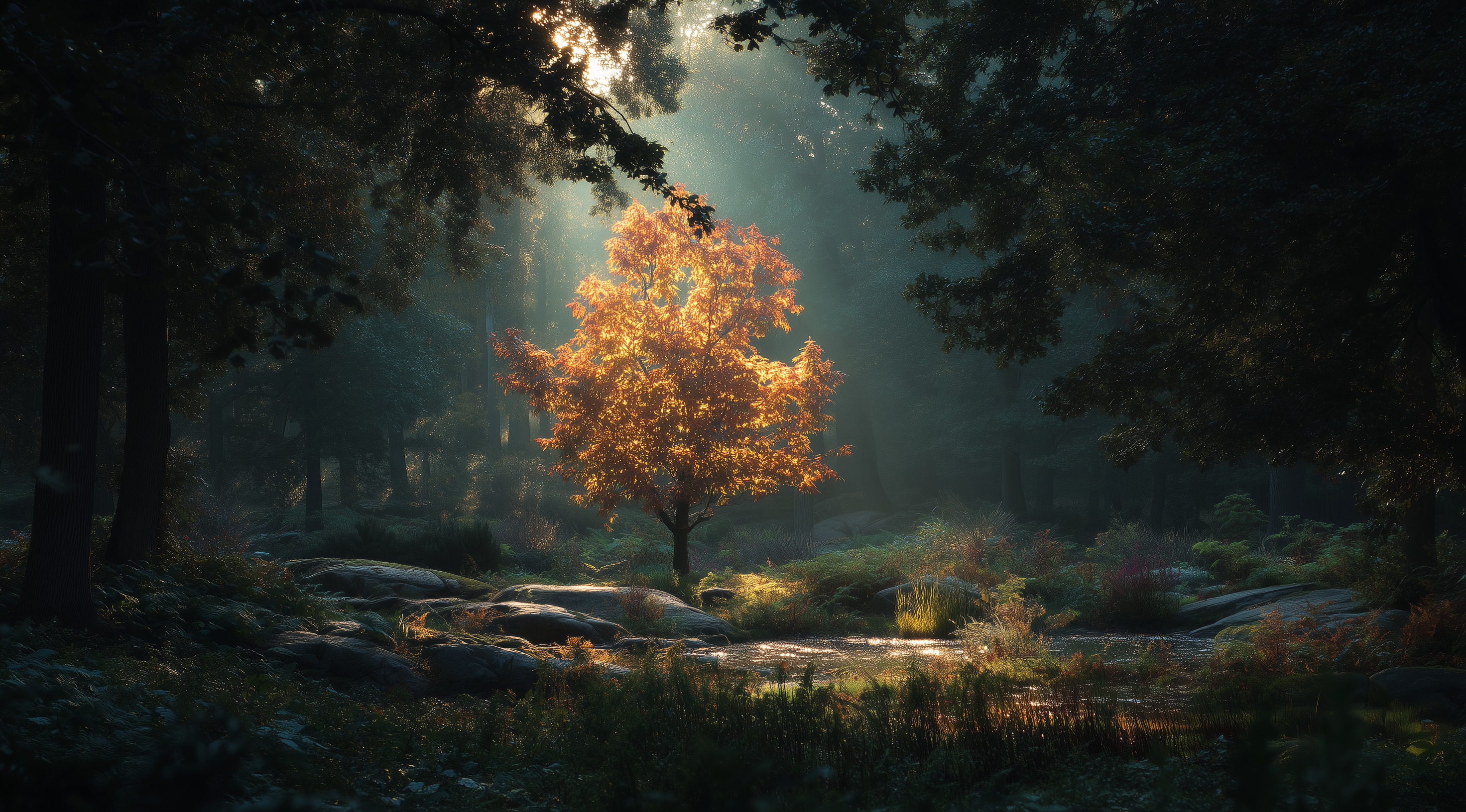 A red maple tree with bright orange leaves in the sunlight