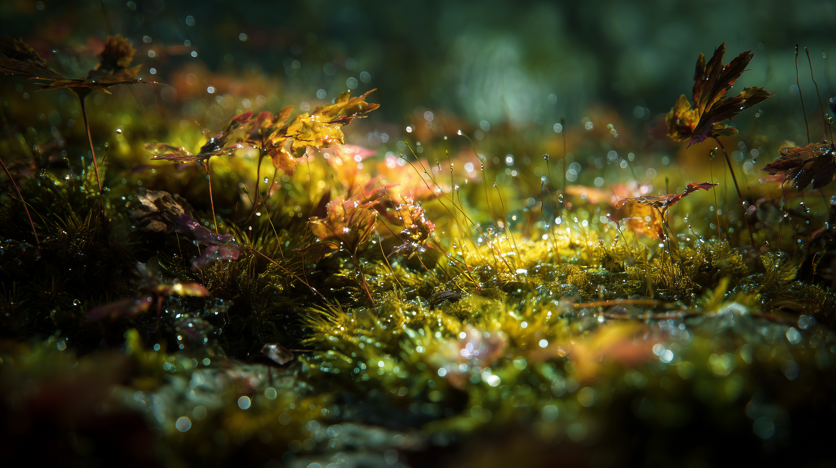 Forest floor with moss and autumn leaves
